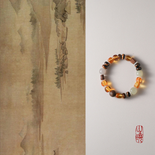 山晓·原创「姜满」新中式 天然琥珀和田玉手串虎眼石国风盘玩手链