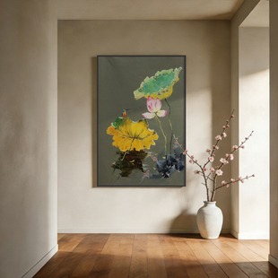 《雨打残荷》厚涂油画挂画清雅脱俗会客室书房茶室背景墙装饰画