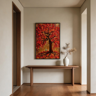 饰画 厚涂油画挂画招财纳福质感晶瓷画入户玄关墙面装 金树盘根