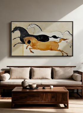 《三骏齐驰》挂画马到成功客厅沙发背景墙办公室大气横幅装饰画