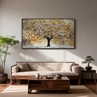《金叶摇钱》厚涂油画挂画招财进宝摇钱树玄关入户走廊过道装饰画