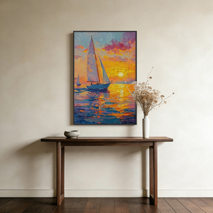 《古帆远航》厚涂油画挂画勇往直前名宿酒店书房茶室背景墙装饰画