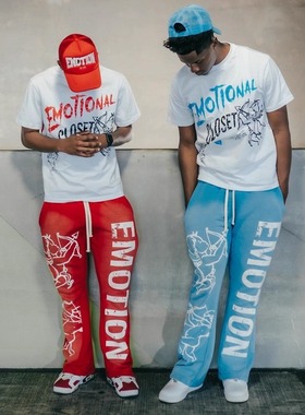 美式小众 MIXED EMOTION烫钻嘻哈洗水长裤pants男士ins运动休闲裤