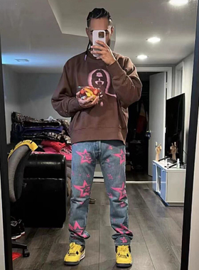 重磅 Rapper同款 Spder 555555牛仔裤Wed SKY五星蓝色休闲牛仔裤