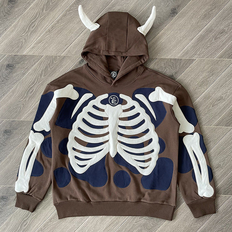 Hell Airbrushed Bones 骷髅骨头恶魔角连帽拉链卫衣外套潮牌帽衫