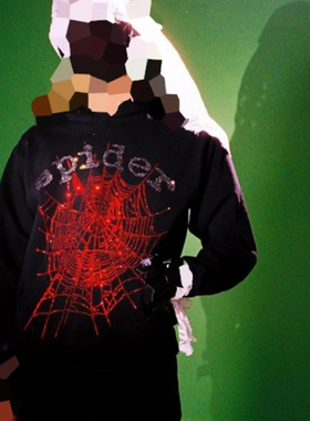 Young Thug Spder 555555闪片大LOGO蜘蛛网美潮连帽卫衣男女帽衫