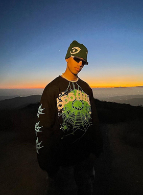 Young Thug Spder 555555 蜘蛛网涂鸦街头嘻哈宽松长袖男T恤美潮