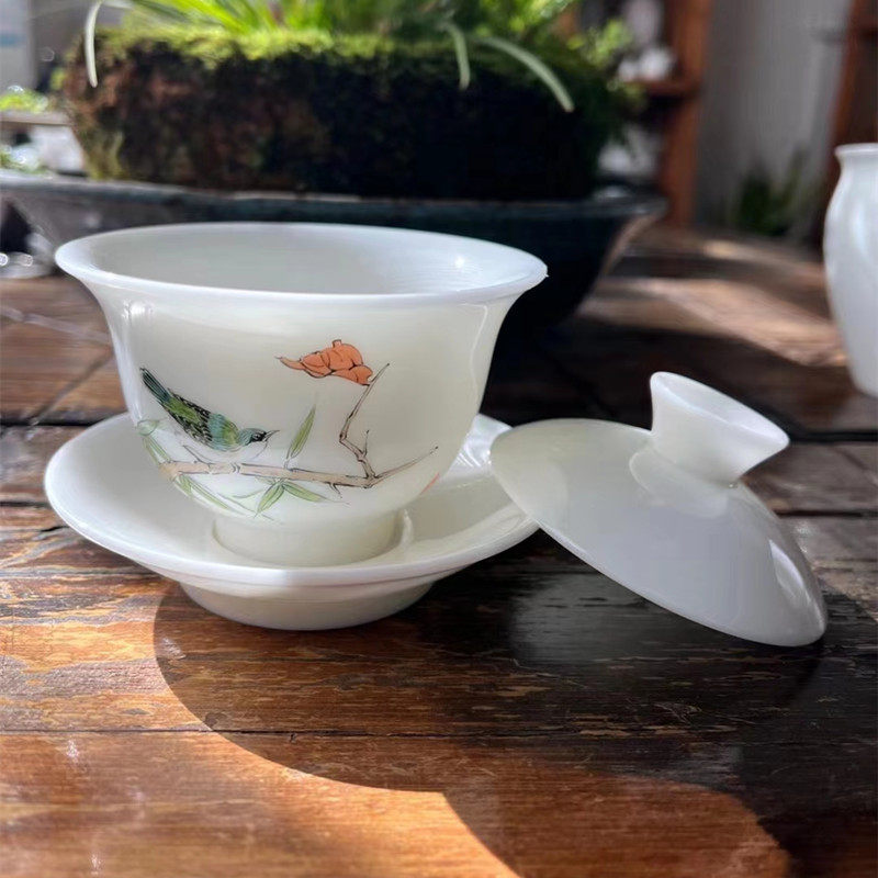 德化羊脂玉瓷大师手绘三才盖碗4杯+1主人杯公道杯茶具套组礼盒装