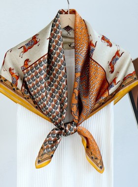 复古橙色骏马丝巾女士90cm大方巾春季百搭100%桑蚕丝真丝围巾披肩