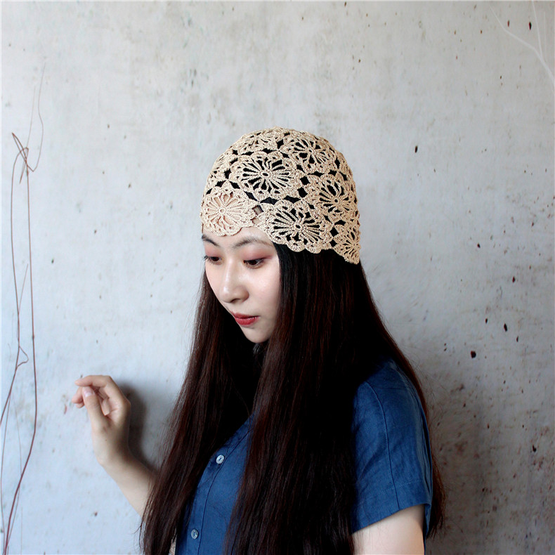 夏女款薄凉帽手工包头帽子遮白发土豆夫人原创【蕾丝钩花包头帽】