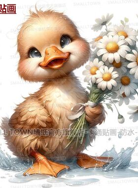 可爱卡通拿花的小鸭子图案自粘贴