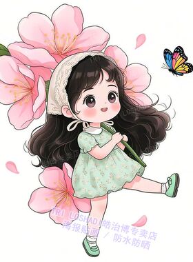 清新可爱治愈樱花少女创意贴画出