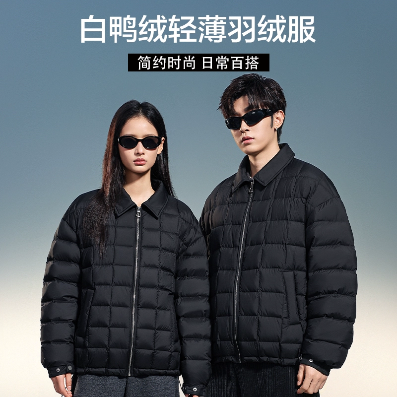 标90%轻薄款复古棋盘格翻领羽绒服男女同款秋冬季防寒外套P210,男装羽绒服,星座1210A