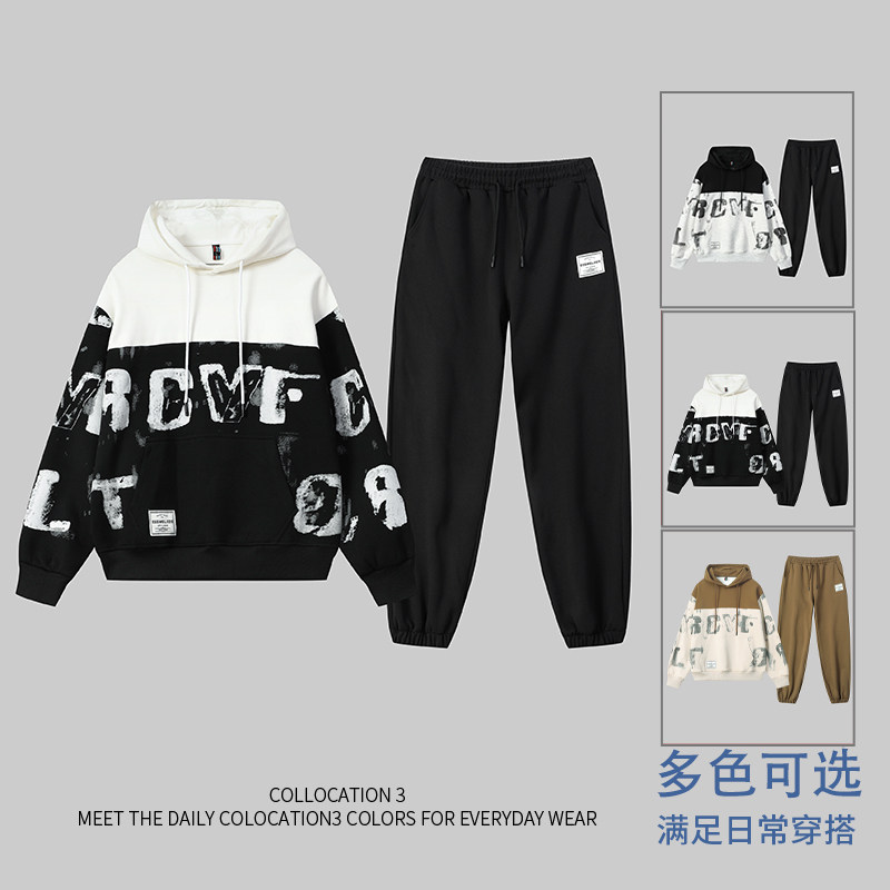 青年学生拼色春秋男休闲套装卫裤两件套百搭潮流韩版运动宽松P100图片