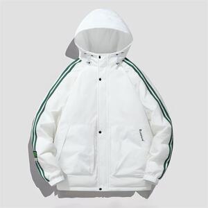 条纹连帽羽绒服男女同款短款冬情侣潮牌加厚白鸭绒外套yr236-P115图片