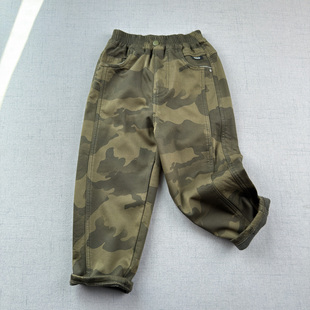 迷彩风 薄棉裤 一体绒休闲裤 冬季 男童军绿色松紧腰加绒长裤 美式