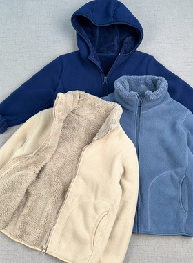 日系长绒抓绒衣110-180 儿童秋冬羊羔绒摇粒绒 纯色加绒厚外套