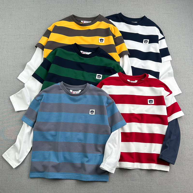 圆领条纹长袖假两件T恤精梳棉