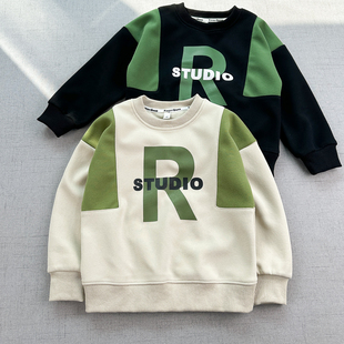 特价~卡其 130码 拼接春秋卫衣 男童中大童微落肩~圆领休闲套头衫