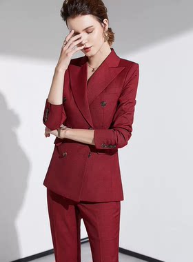 清衣柜西装套装春秋时尚气质女神范职业正装酒红色西服年会外套