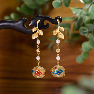 PIPISHOP 925银镀金双色彩釉锦鲤年年有余天然白水晶鼓珠长款耳钉