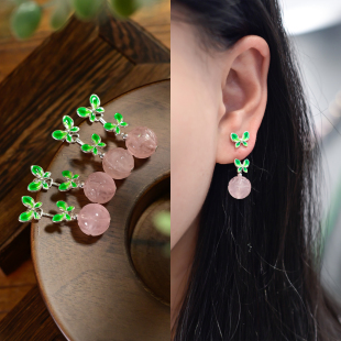 PIPISHOP 耳钉耳饰 天然粉水晶莲花圆珠925银彩釉蝴蝶多戴款