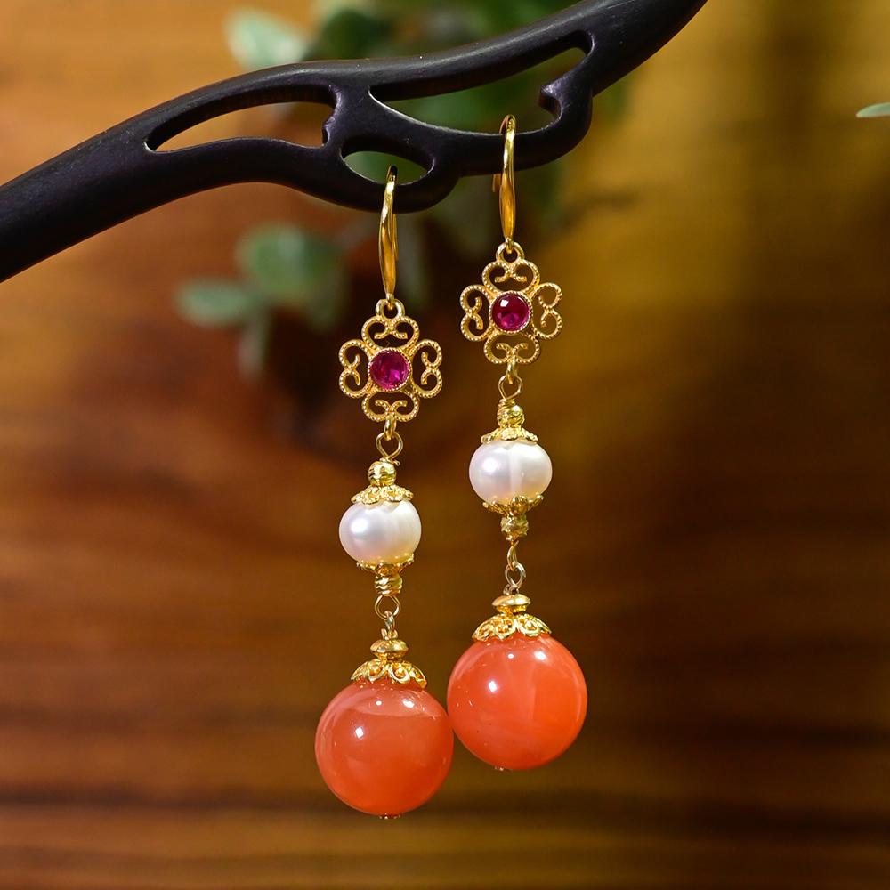 PIPISHOP 天然川料樱桃红南红玛瑙淡水珍珠925银镀金长款耳环