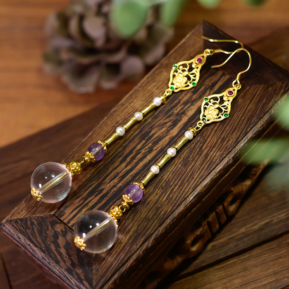 PIPISHOP 天然白水晶圆珠925银镀金长款耳环小灯泡