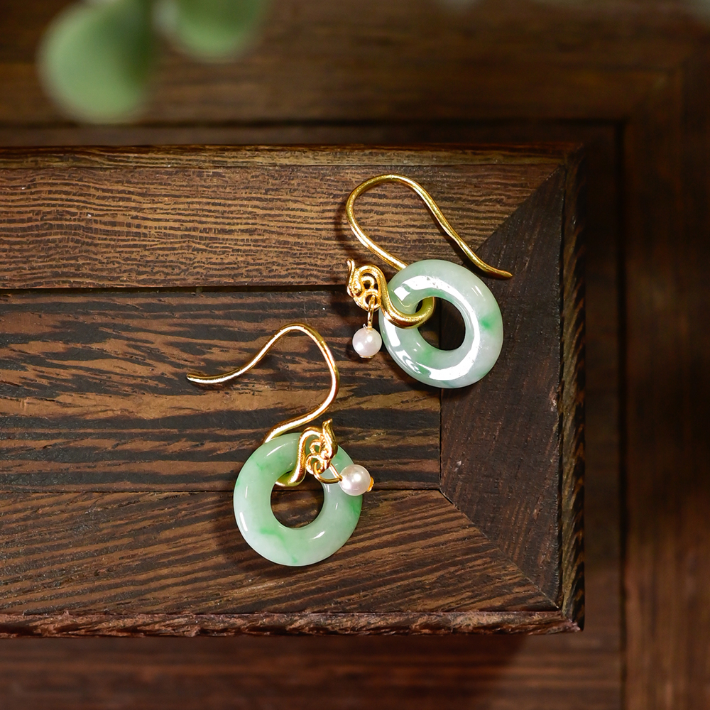 PIPISHOP 天然A货飘花翡翠甜甜圈925银镀金飞凤衔珠耳环耳钩