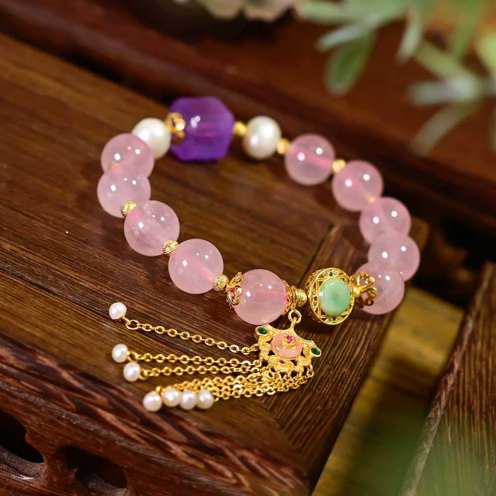 PIPISHOP 紫水晶方糖925银镀金天然马粉水晶单圈手串