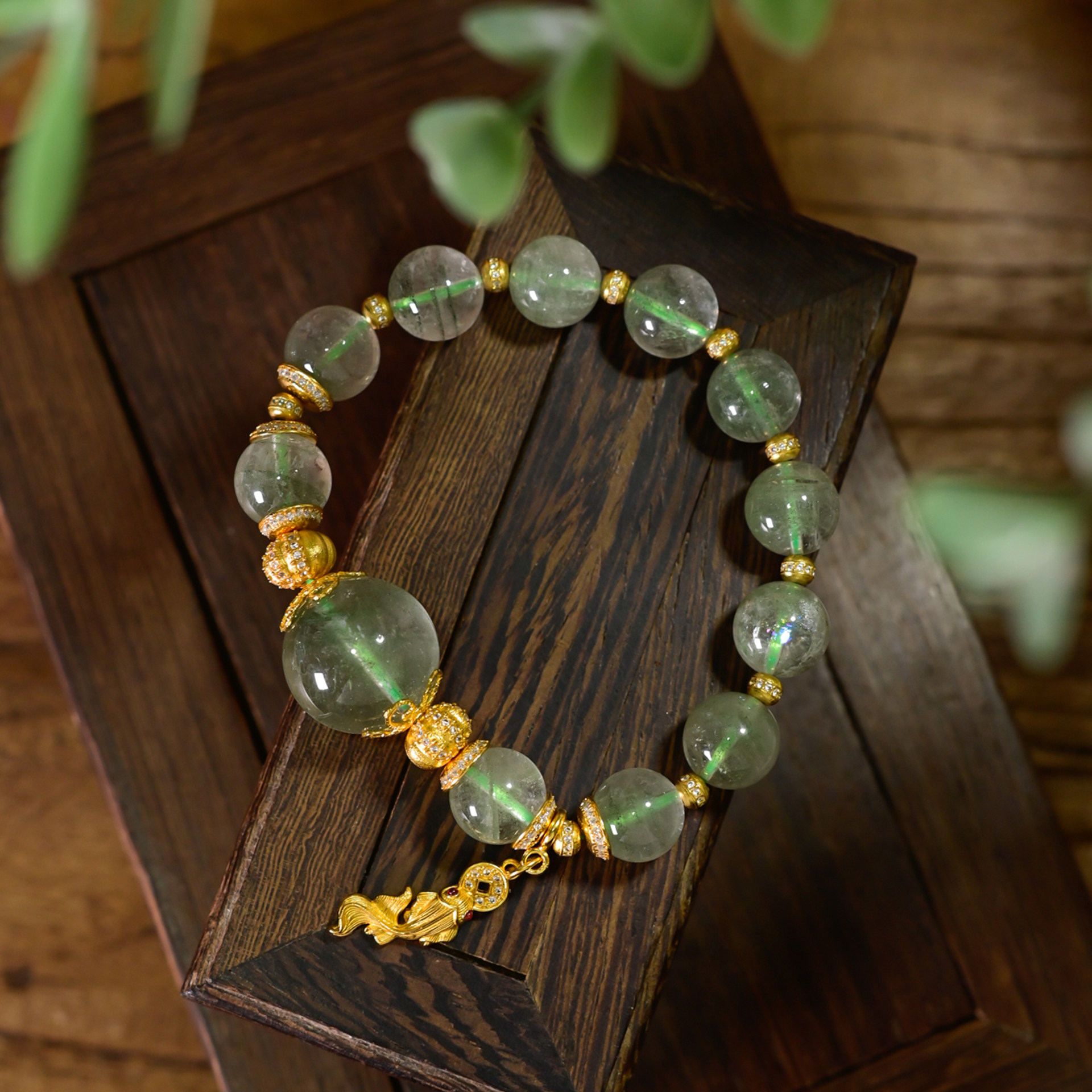 PIPISHOP 925银镀金锦鲤吊坠天然绿幽灵水晶单圈手串