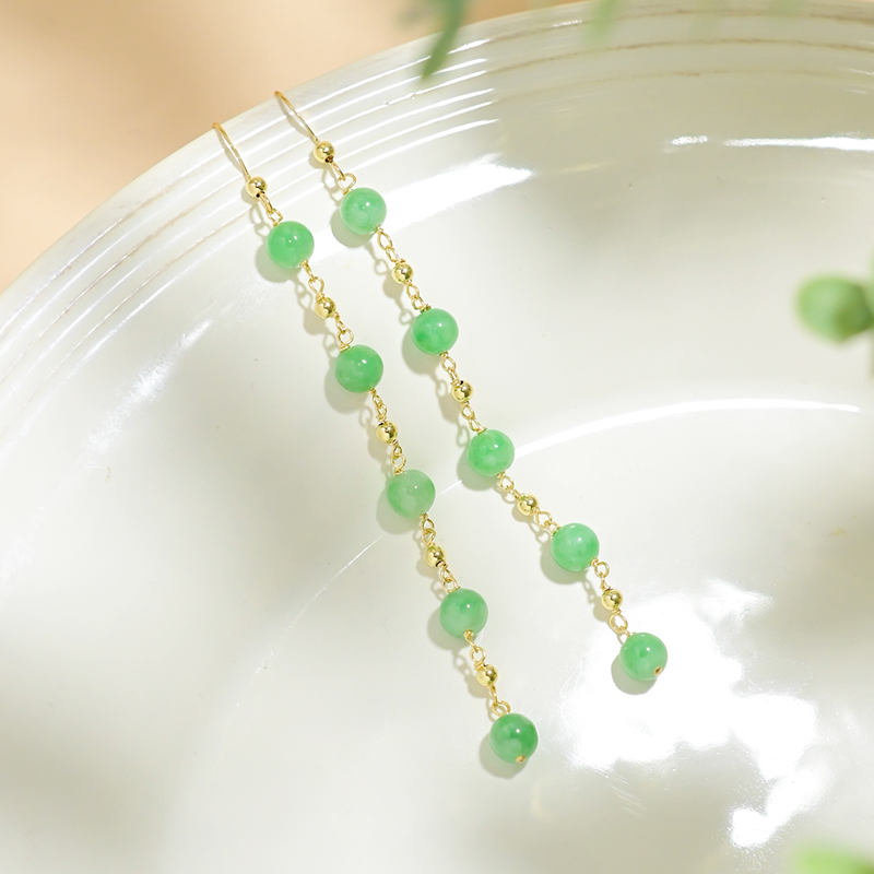 天然A货翡翠圆珠长款耳环