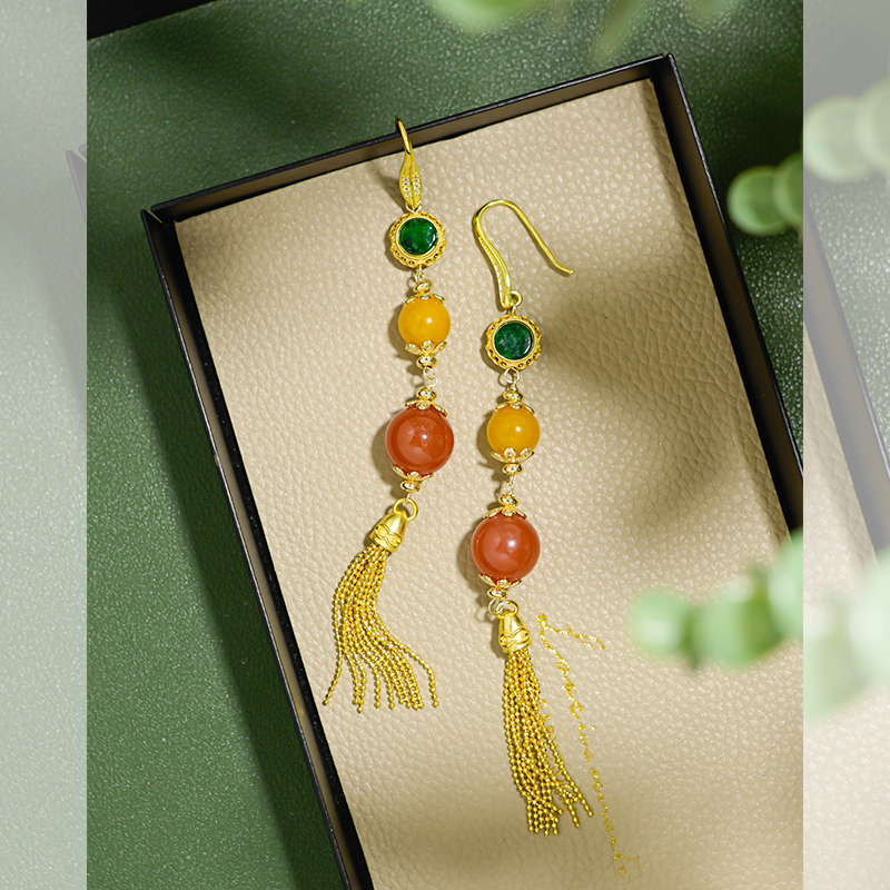 天然翡翠蜜蜡南红耳环