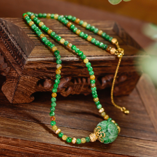 PIPISHOP 天然A货干青翡翠雕花圆珠925银镀金双色翡翠米珠短项链