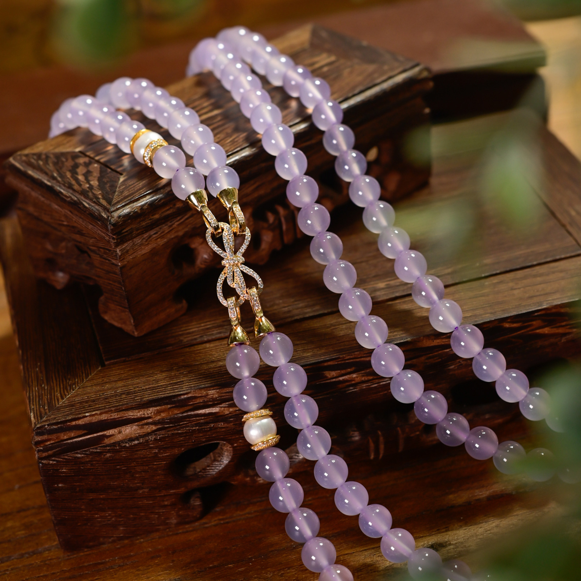 PIPISHOP 锆石镶嵌925银镀金蝴蝶扣配饰烟紫色玉髓双层长项链