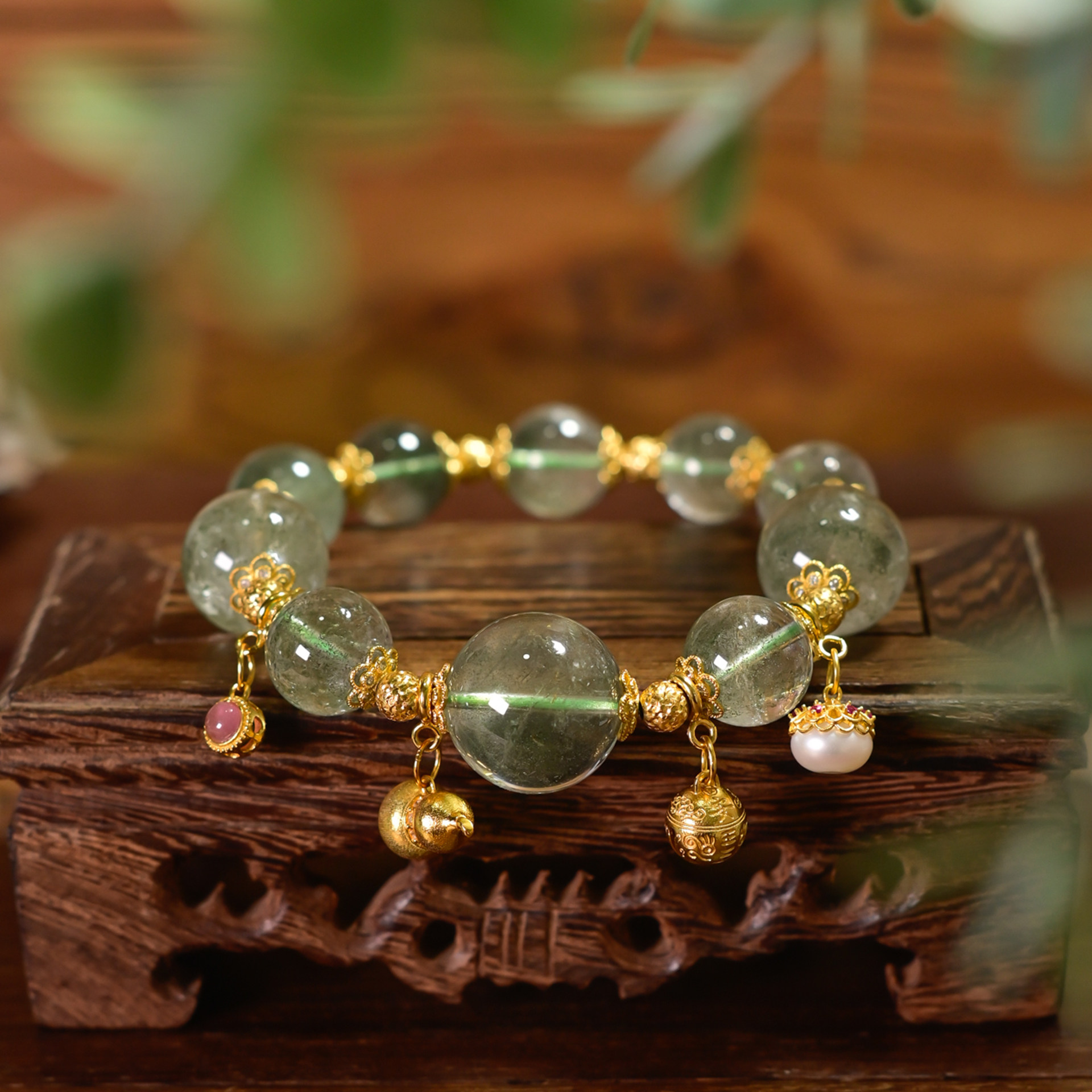 PIPISHOP 925银镀金吊坠提溜配饰天然绿幽灵圆珠单圈手串