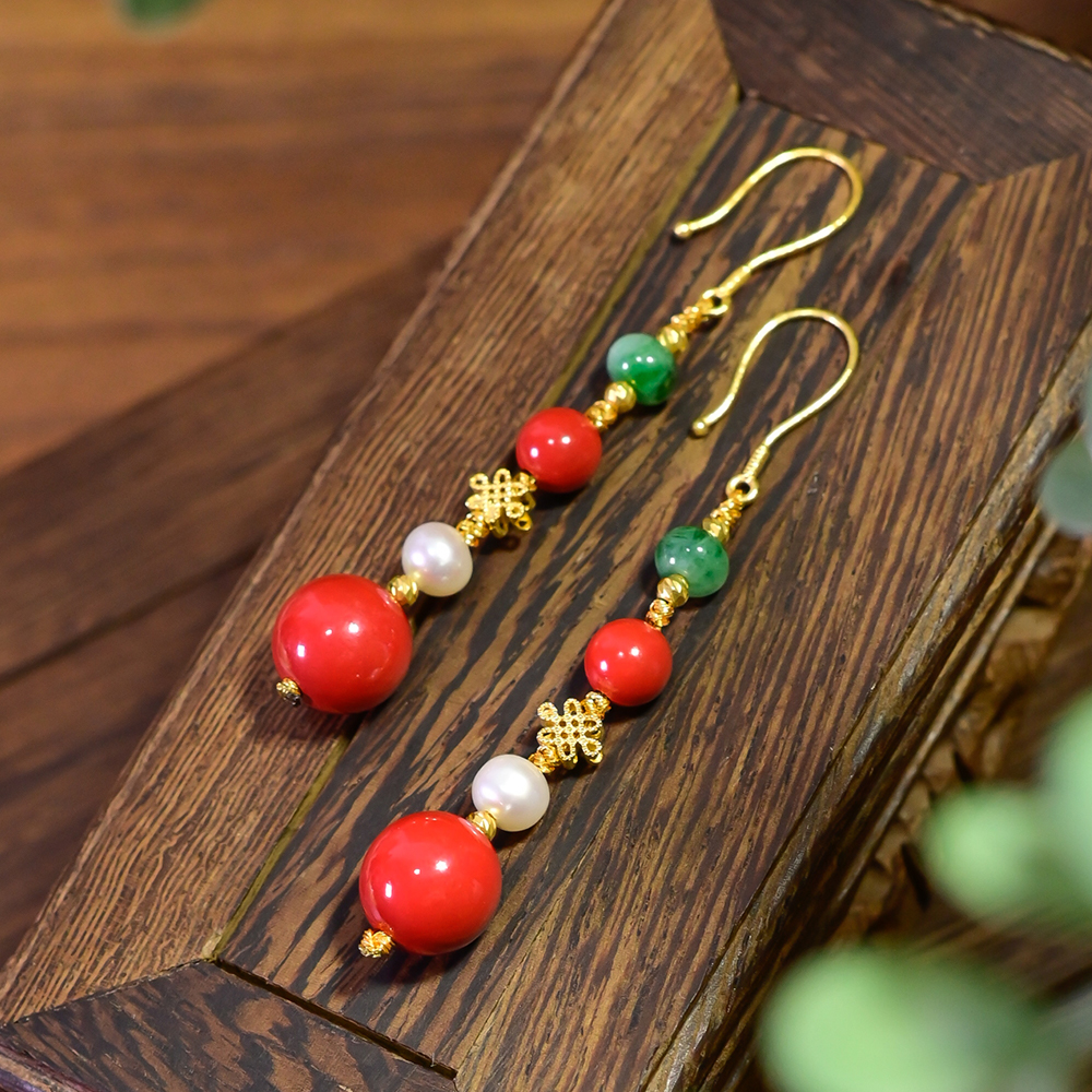 PIPISHOP 淡水珍珠天然翡翠高含量朱砂18K金耳环耳坠耳饰