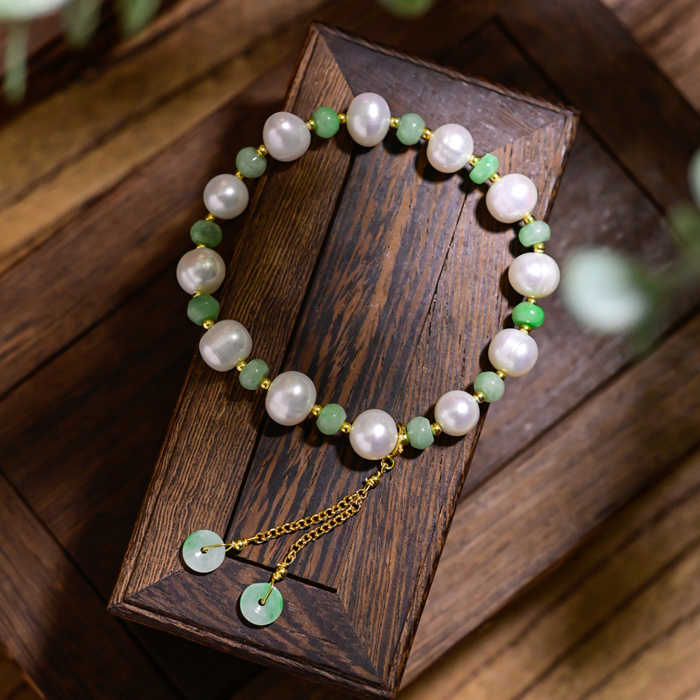 天然A货翡翠淡水珍珠手串