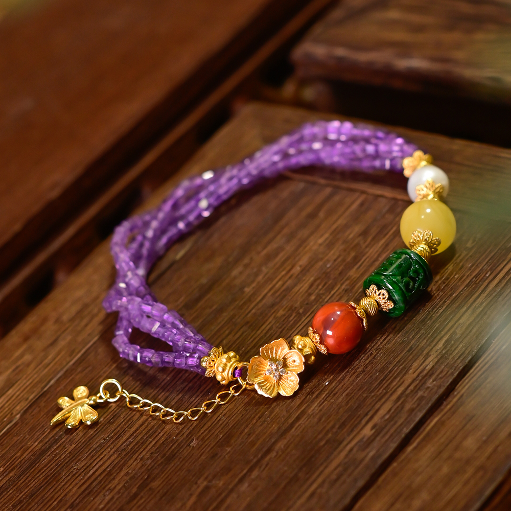 PIPISHOP 天然翡翠蜜蜡南红925银镀金紫水晶切割方糖多层手串