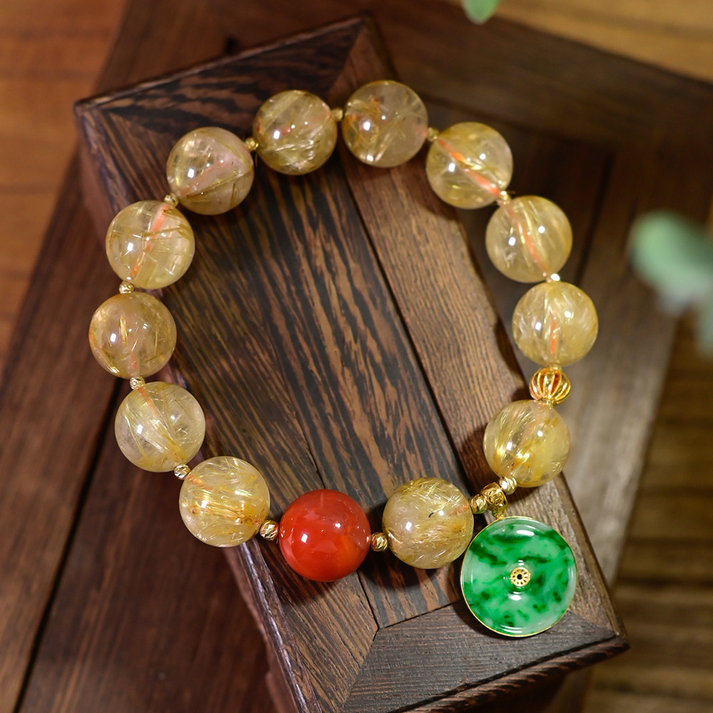 pipishop 天然a货花青翡翠18k金镶怀古平安扣圆牌金发晶单圈手串