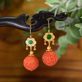 PIPISHOP 天然南红玛瑙回纹雕刻圆珠天然翡翠镶嵌银镀金如意耳环