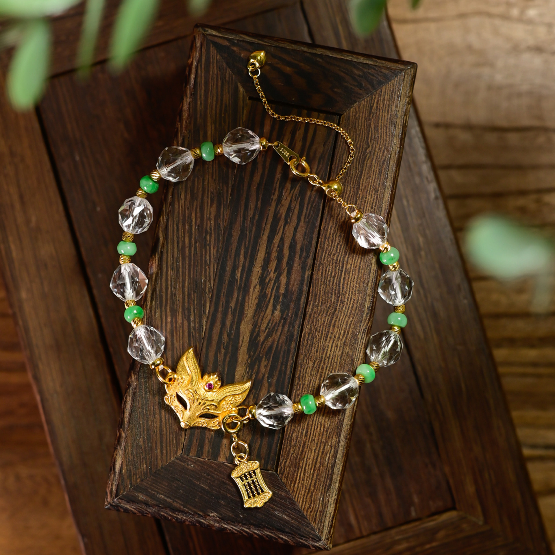 PIPISHOP 925银镀金转运小狐狸天然A货翡翠白水晶单圈手链