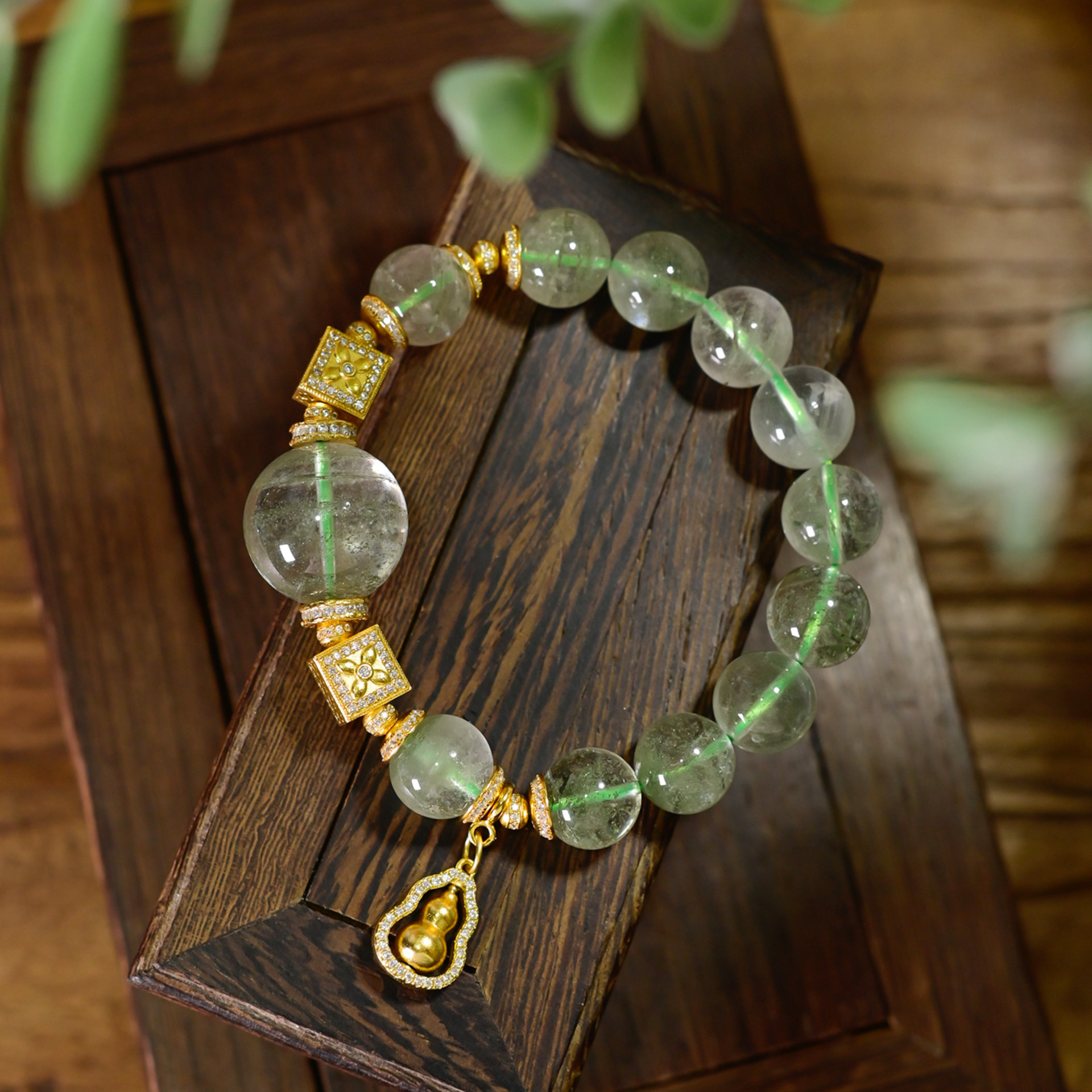 PIPISHOP 925银镀金福禄葫芦吊坠天然绿幽灵水晶单圈手串