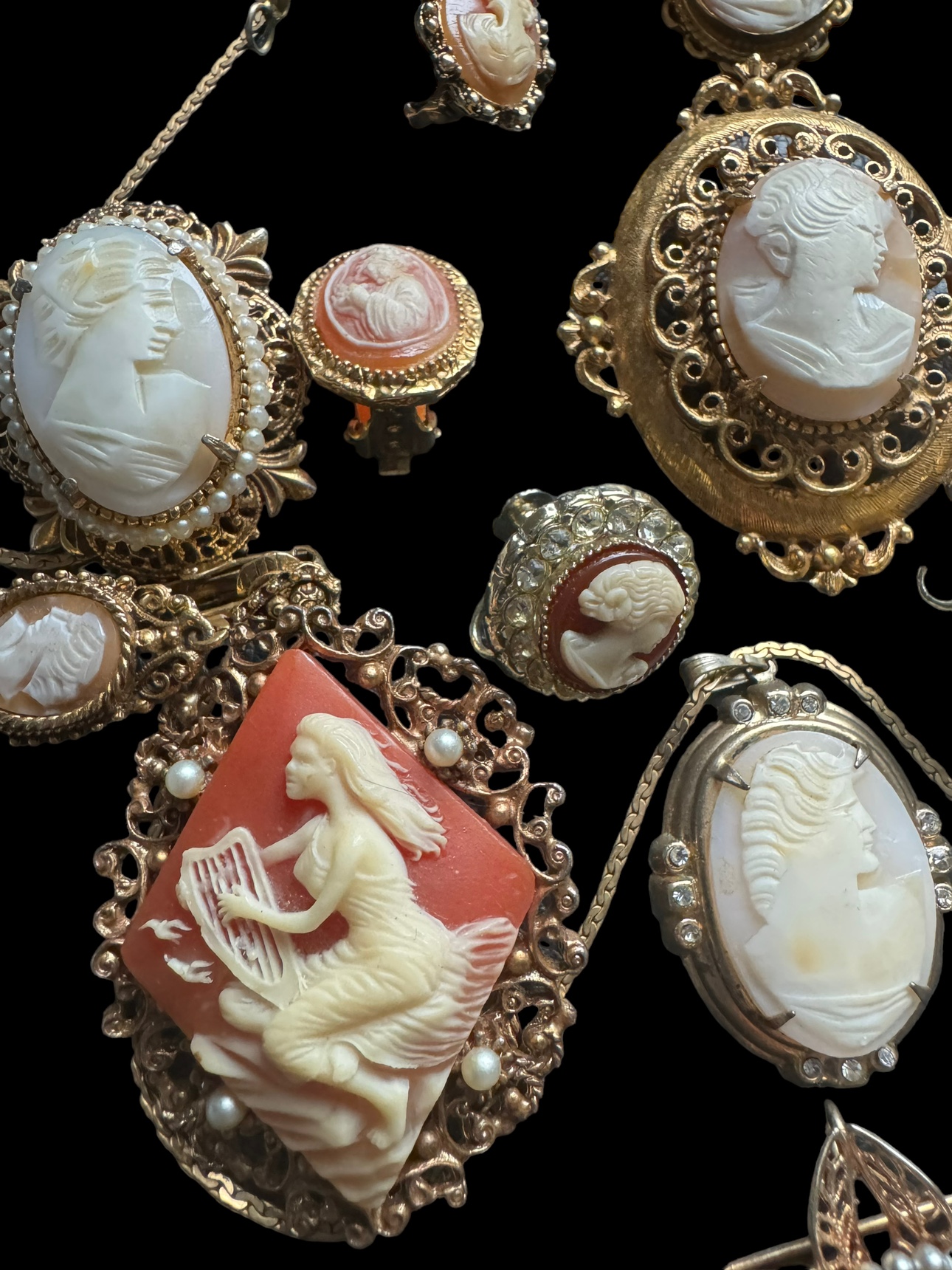 美国发货 古董天然贝雕卡梅奥Florenza 胸针手链耳夹项链