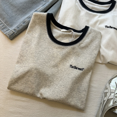 领口撞色刺绣字母雪花棉复古短袖