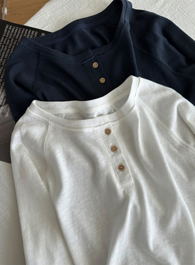 简约韩版三粒扣麻感棉长袖T恤女秋季新款宽松显瘦休闲打底衫上衣