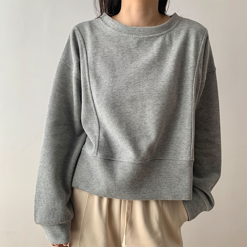 灰色米尼绒毛圈棉短款卫衣女2021春新款圆领后开叉设计感纯色上衣