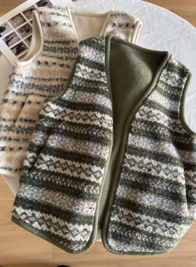 日系复古费尔岛提花羊羔毛马甲女秋冬新款麂皮绒保暖V领无袖马夹