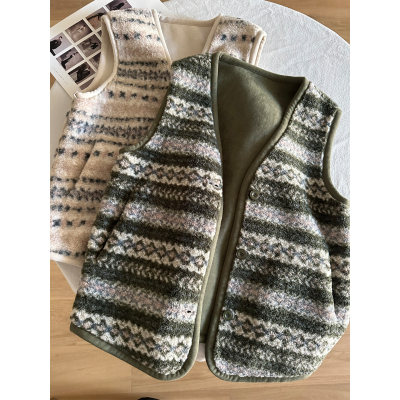 复古费尔岛提花保暖羊羔毛马甲