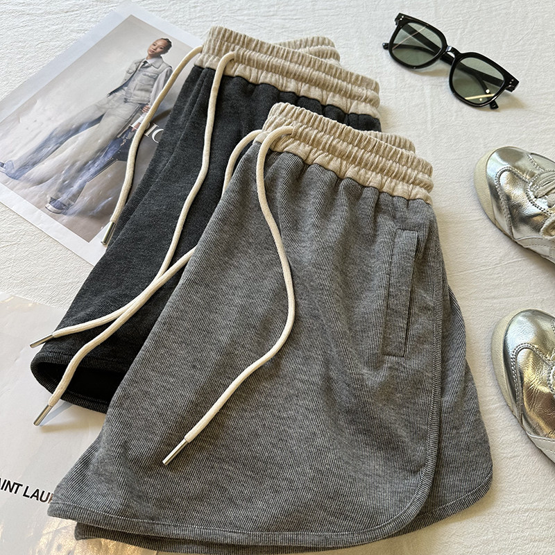 运动风松紧高腰撞色阔腿裤短裤